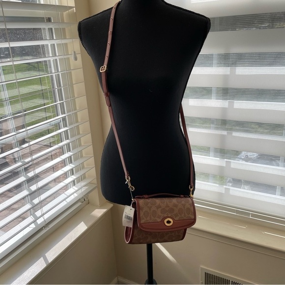 NWT COACH Coated Canvas Kip Turnlock Crossbody B4/Tan Rust 7”x5.25”x4” AS IS - Picture 7 of 12